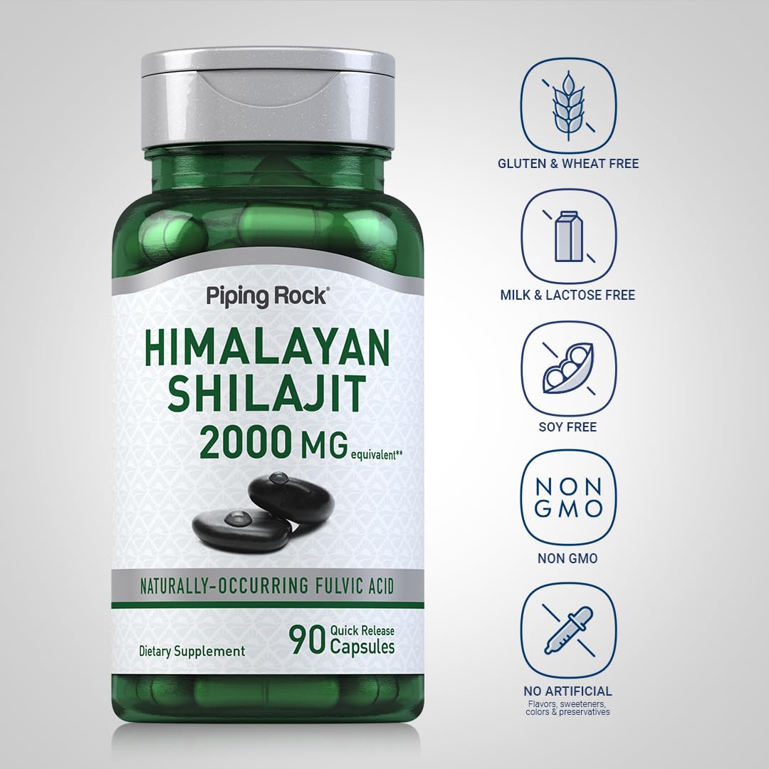 Piping Rock Shilajit label highlighting non-GMO and gluten-free.