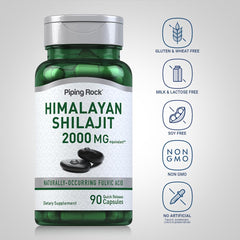 Piping Rock Shilajit label highlighting non-GMO and gluten-free.