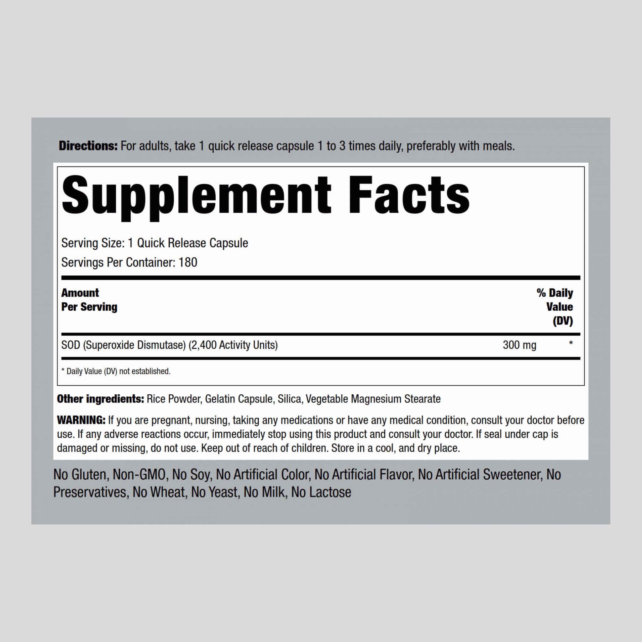 Piping Rock SOD supplement bottle side view for everyday use