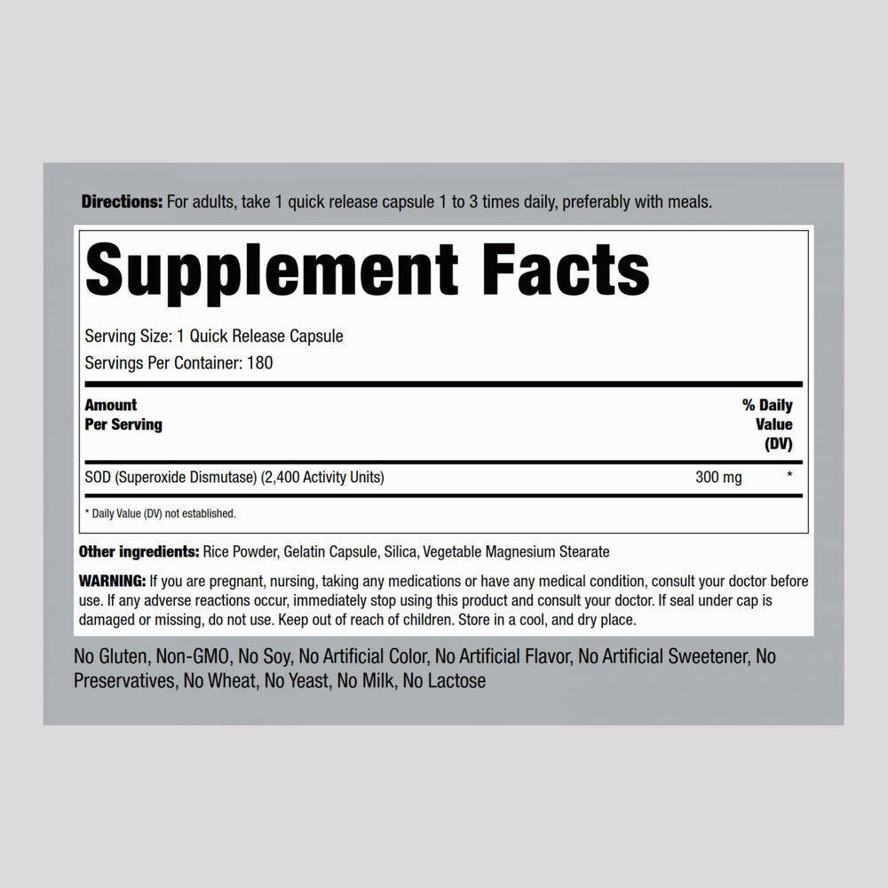 Piping Rock SOD supplement bottle side view for everyday use