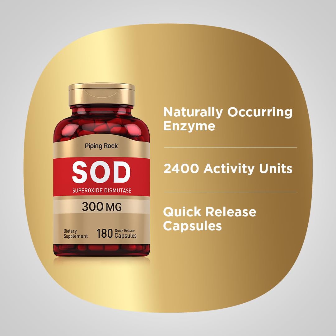 Piping Rock SOD capsules arranged for daily antioxidant support