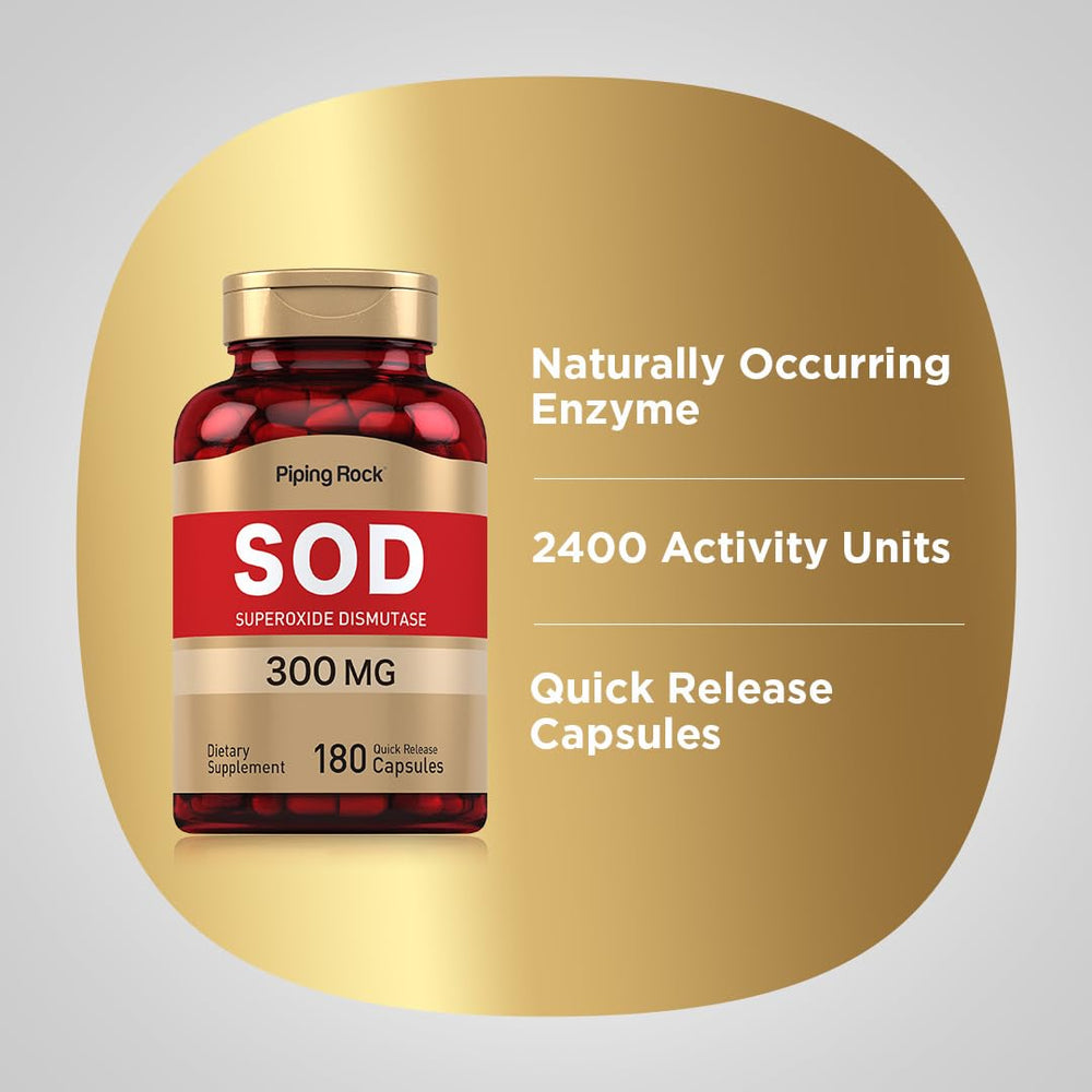 Piping Rock SOD capsules arranged for daily antioxidant support