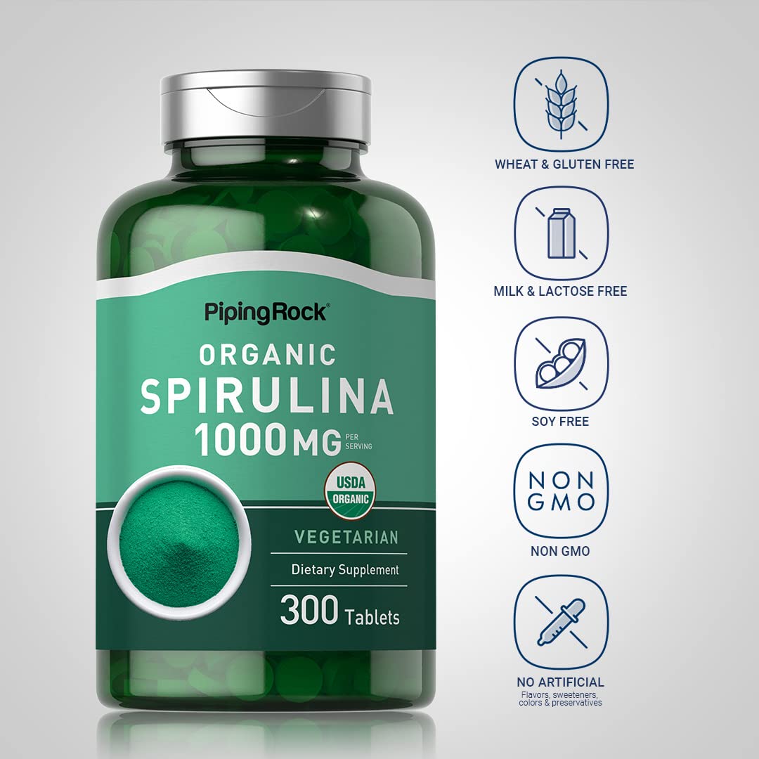 Piping Rock Spirulina label detail highlights organic, non-GMO claims.