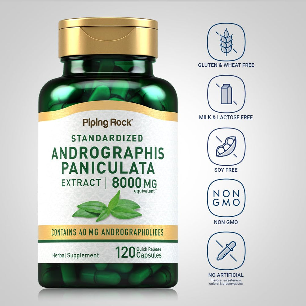 Piping Rock standardized 40 mg andrographolides label on bottle indicating reliable potency.