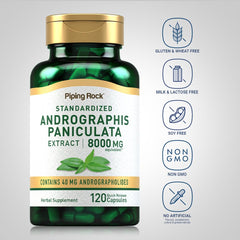 Piping Rock standardized 40 mg andrographolides label on bottle indicating reliable potency.
