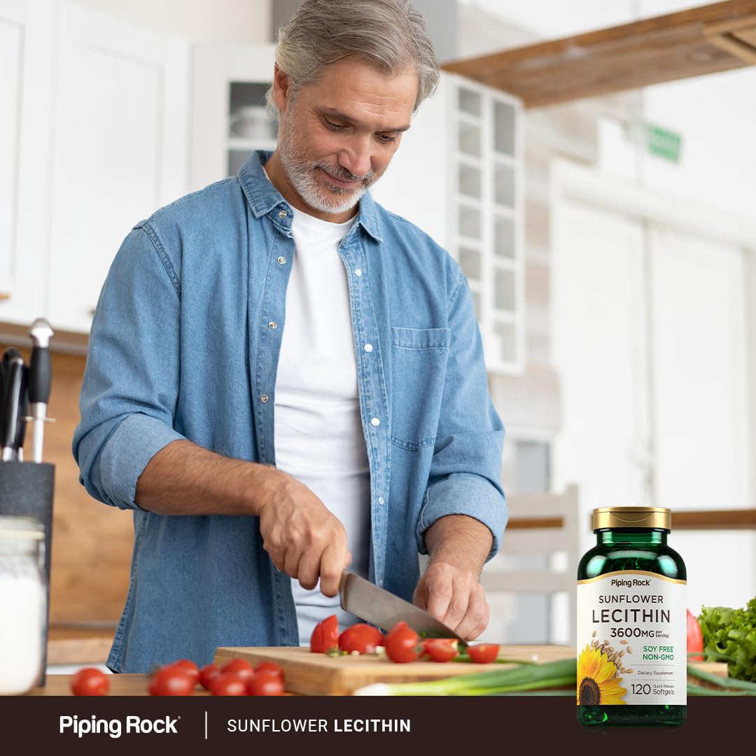 Piping Rock Sunflower Lecithin nutrition facts panel highlighting gluten-free and non-GMO claims.