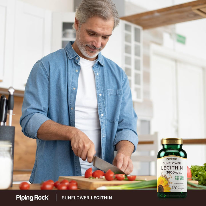 Piping Rock Sunflower Lecithin nutrition facts panel highlighting gluten-free and non-GMO claims.
