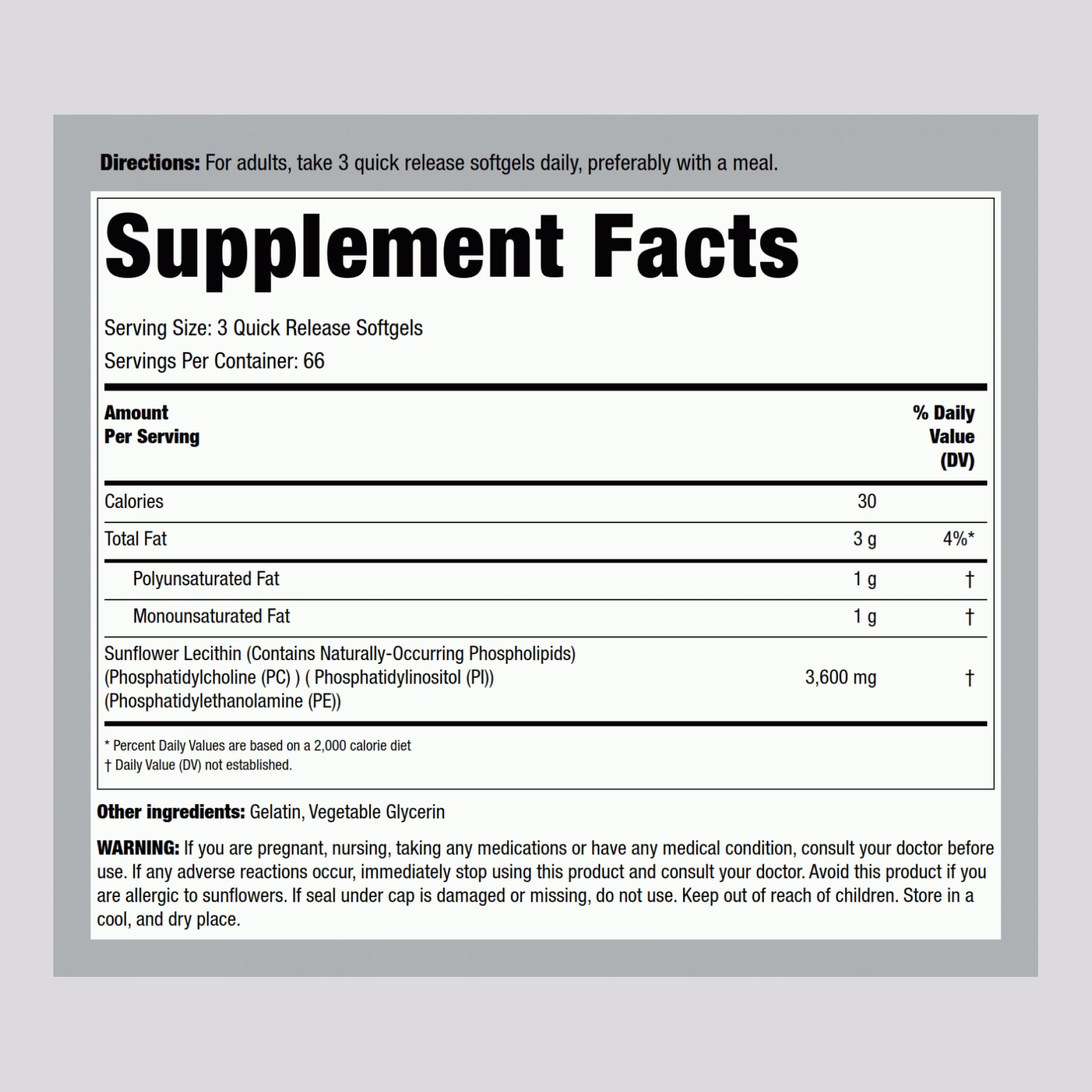 Piping Rock Sunflower Lecithin capsules closeup showing easy-to-swallow softgels.