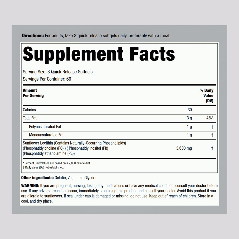 Piping Rock Sunflower Lecithin capsules closeup showing easy-to-swallow softgels.