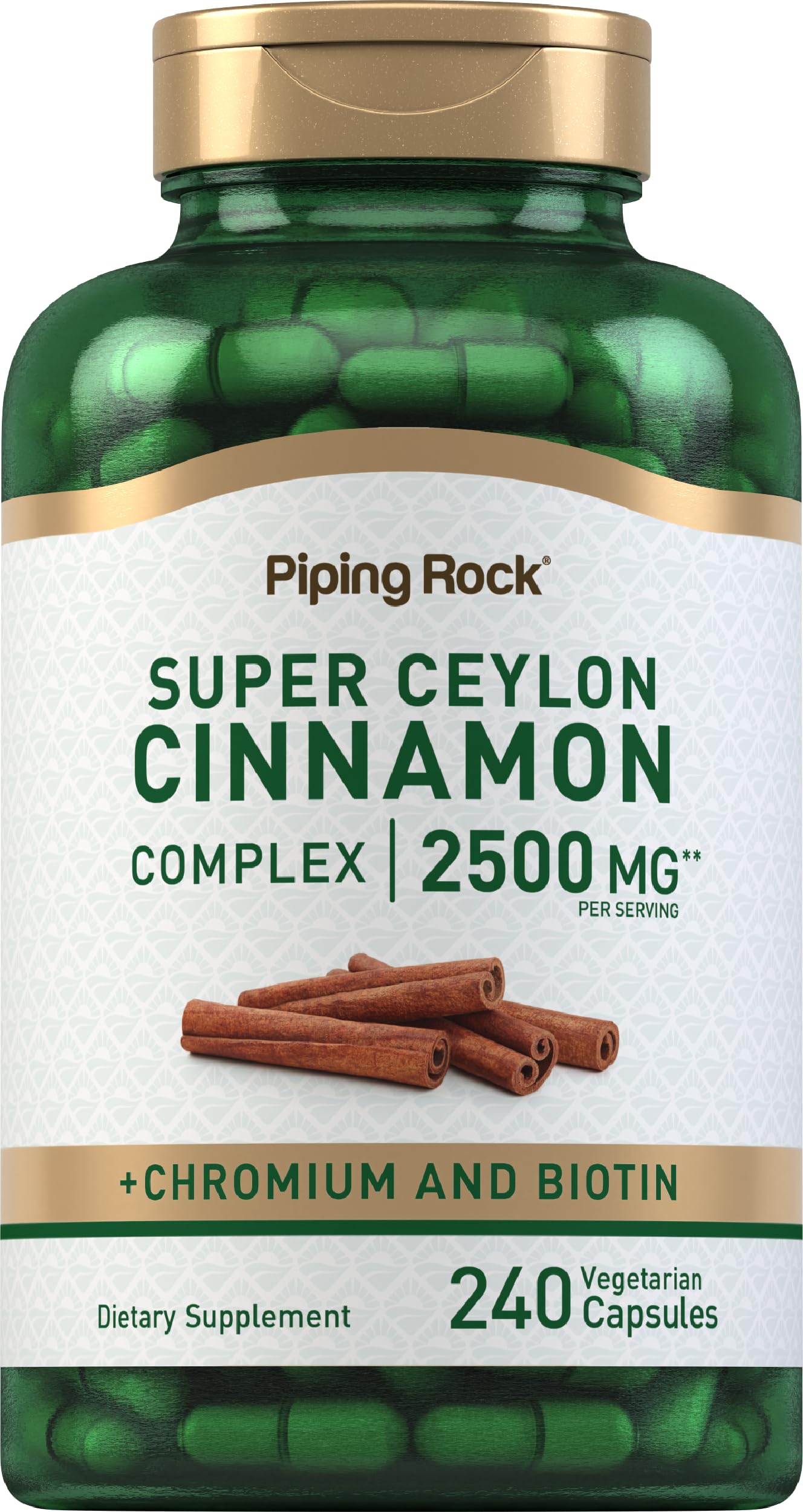Piping Rock Super Ceylon Cinnamon Complex bottle label shows premium formula.