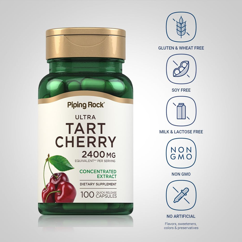 Piping Rock Tart Cherry capsules ingredients close-up showing gluten-free and non-GMO