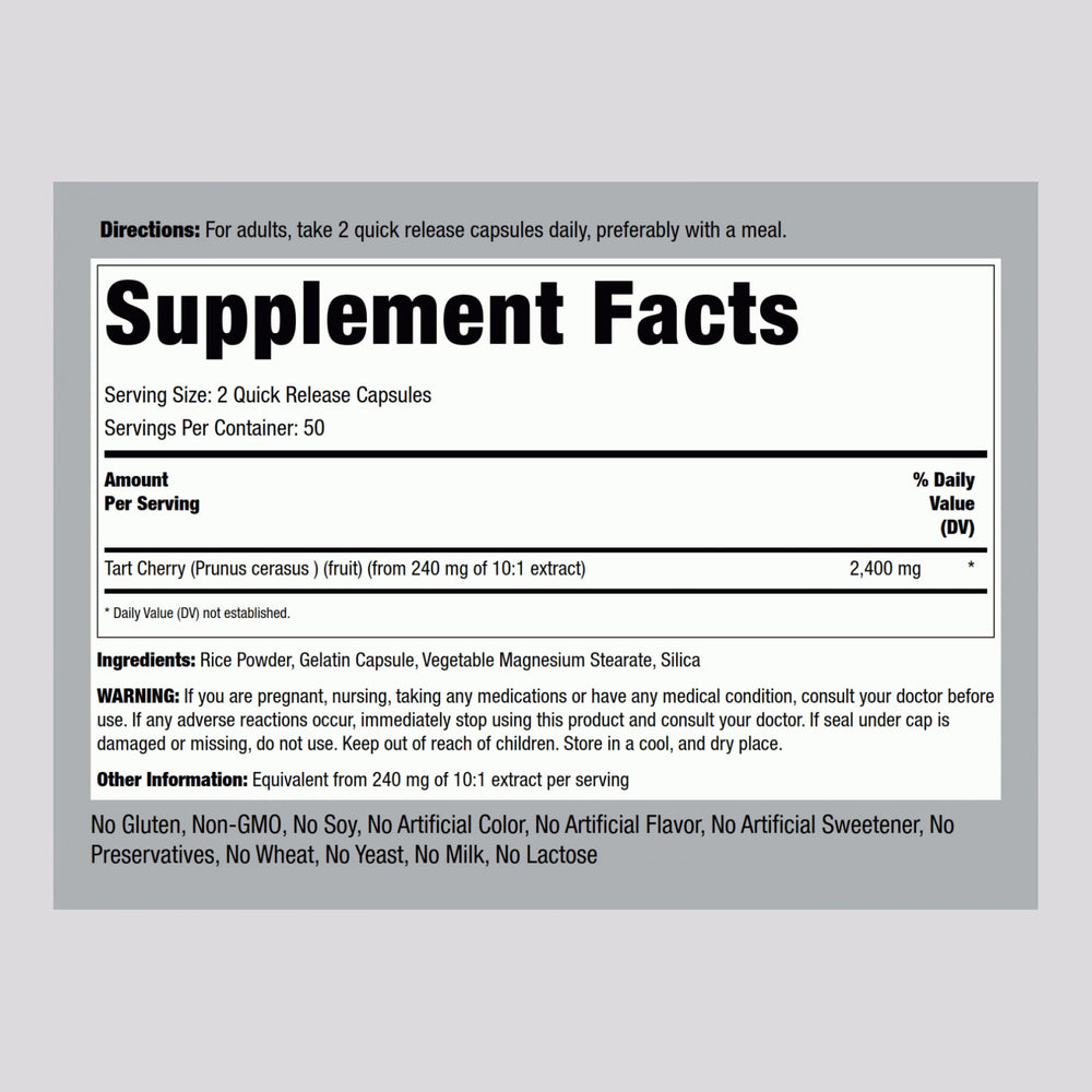 Piping Rock Tart Cherry capsules label detail highlighting extract quality