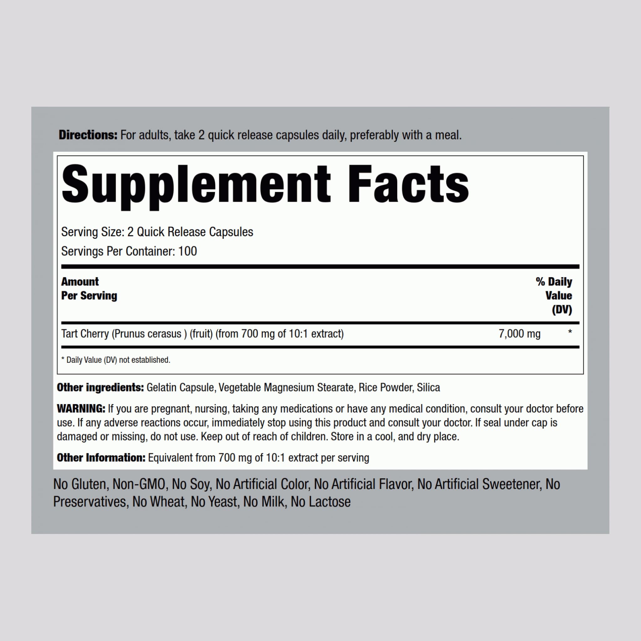 Piping Rock Tart Cherry Extract label closeup shows potency and gluten-free features