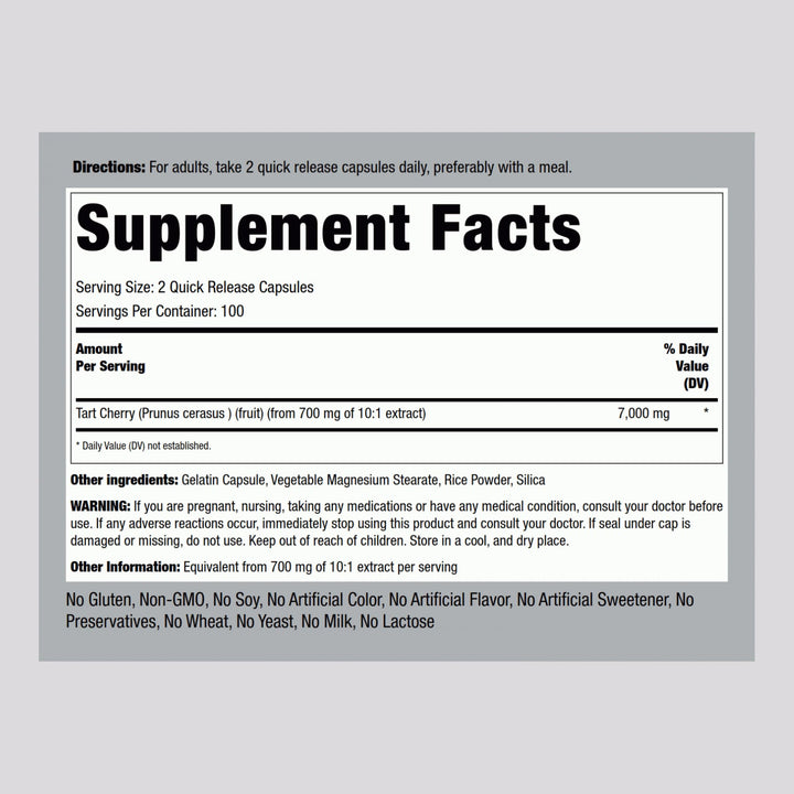 Piping Rock Tart Cherry Extract label closeup shows potency and gluten-free features