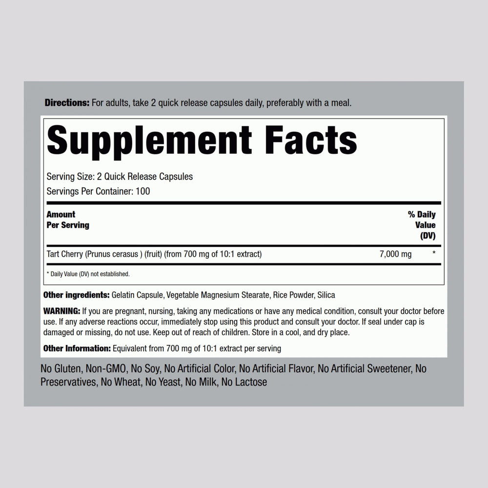 Piping Rock Tart Cherry Extract label closeup shows potency and gluten-free features