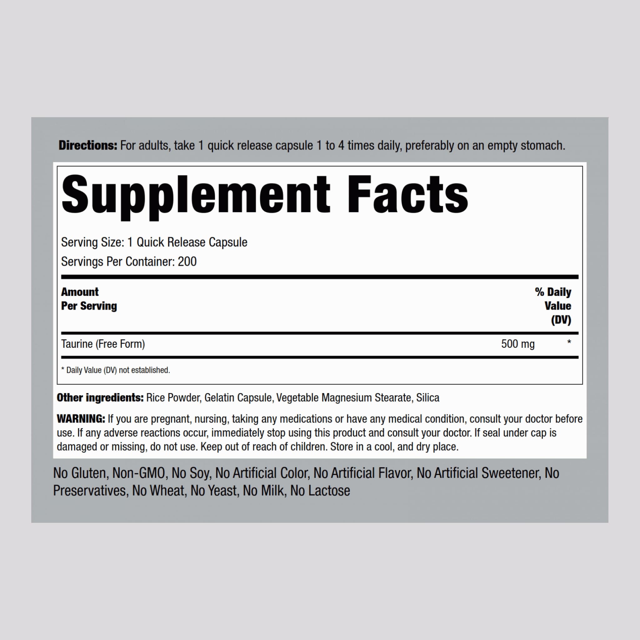 Piping Rock Taurine capsules close-up shows easy-to-swallow quick-release capsules.