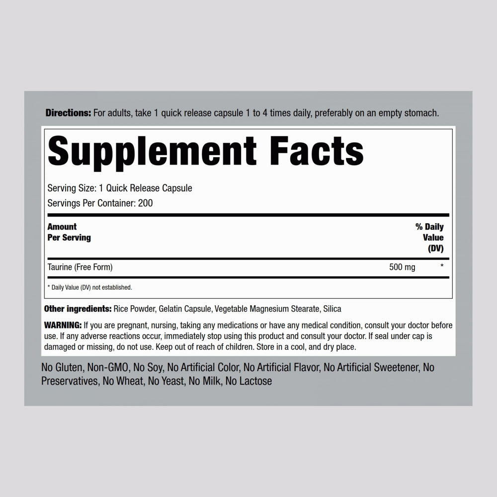 Piping Rock Taurine capsules close-up shows easy-to-swallow quick-release capsules.