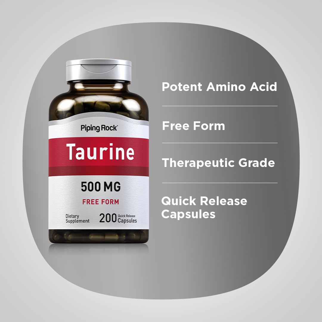 Piping Rock Taurine label close-up emphasizes non-GMO and gluten-free credentials.