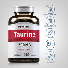 Piping Rock Taurine packaging box highlights free-form amino acid details.