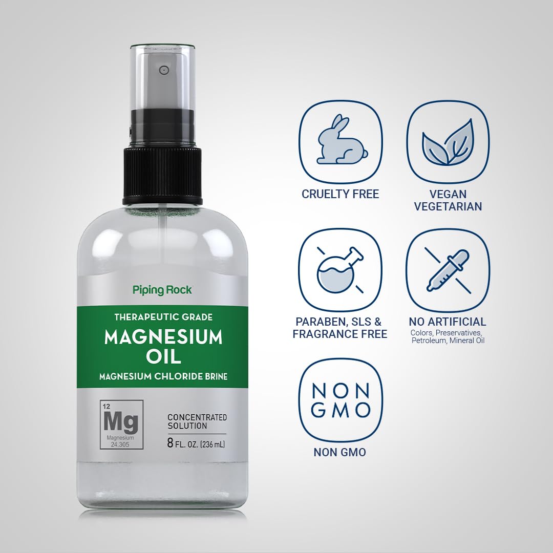 Piping Rock therapeutic-grade magnesium oil label indicating quality