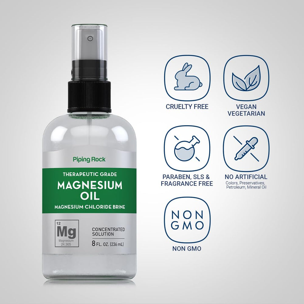 Piping Rock therapeutic-grade magnesium oil label indicating quality
