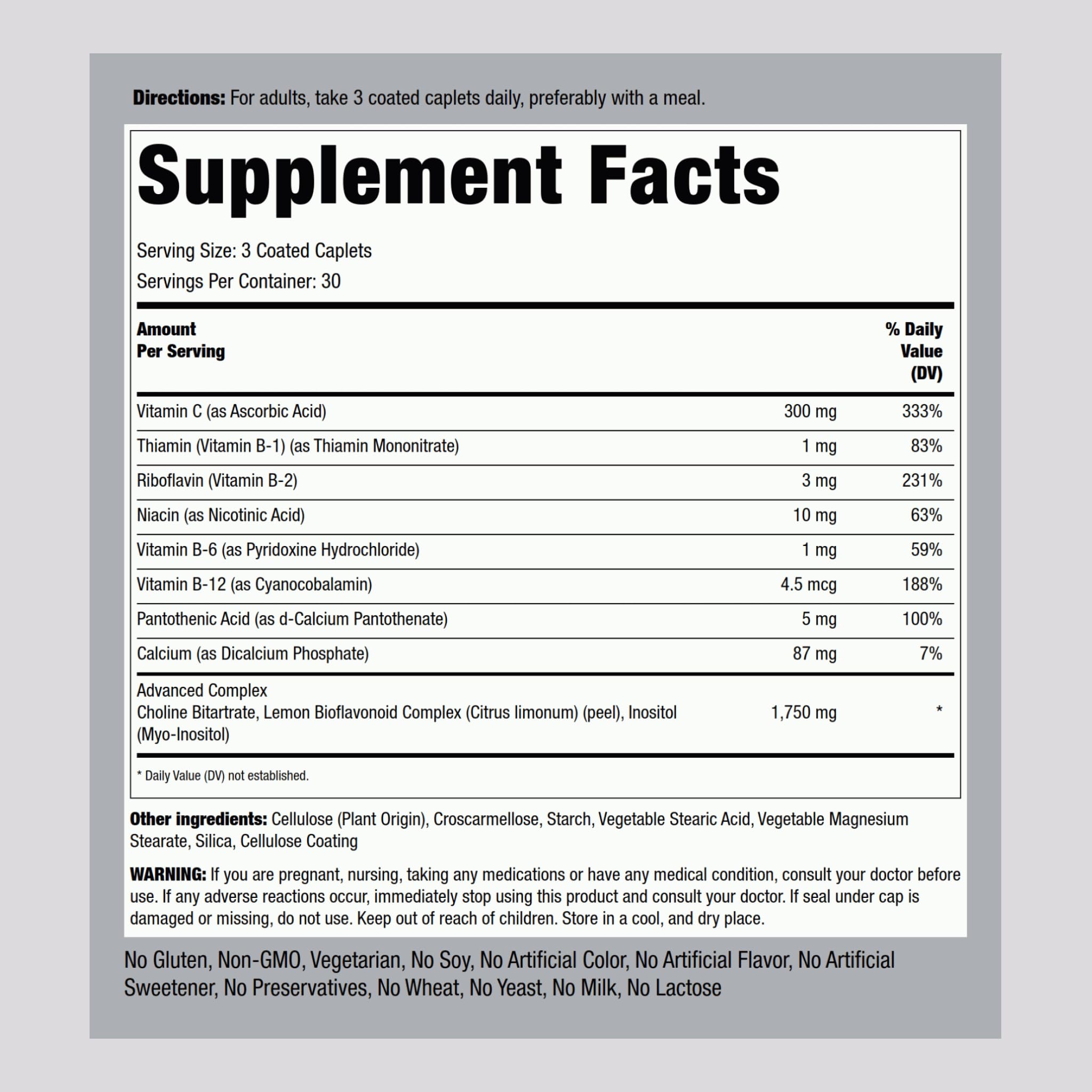 Piping Rock tinnitus supplement bottle close-up showing vegetarian, non-GMO, gluten-free label.