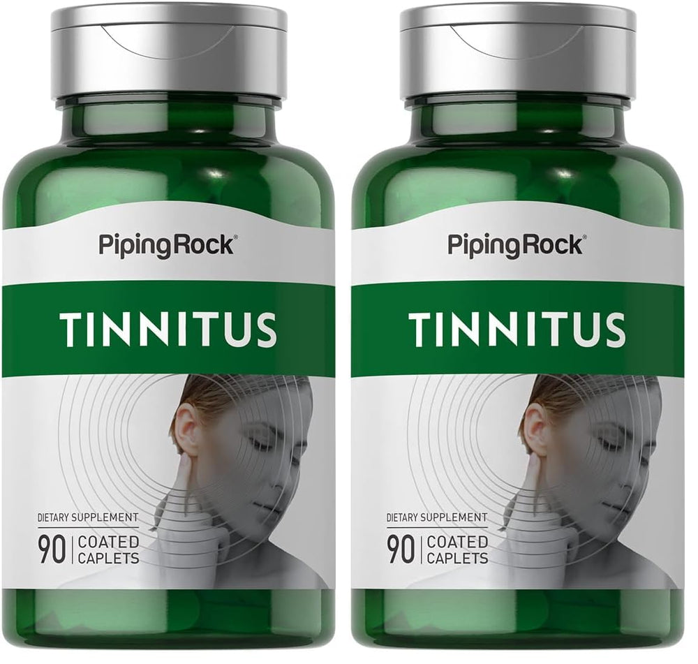 Piping Rock tinnitus supplement bottle front view with 90 caplets for daily use.