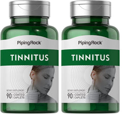 Piping Rock tinnitus supplement bottle front view with 90 caplets for daily use.