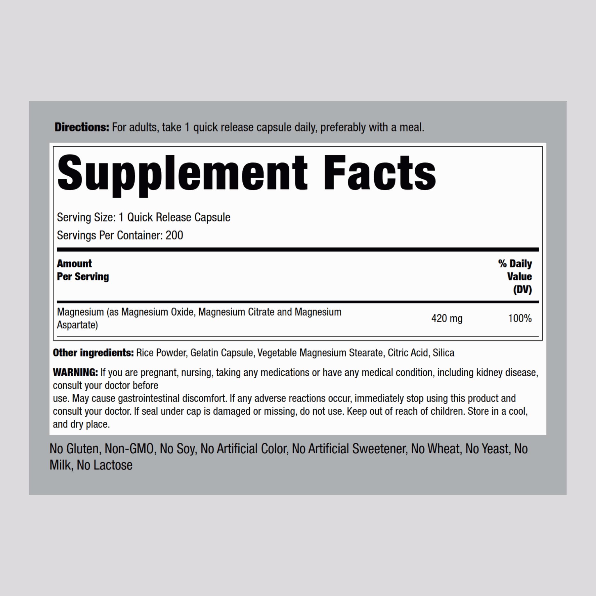 Piping Rock Triple Magnesium Complex bottle back showing supplement facts and usage.