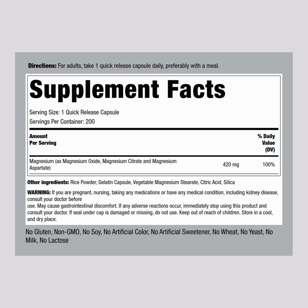 Piping Rock Triple Magnesium Complex bottle back showing supplement facts and usage.