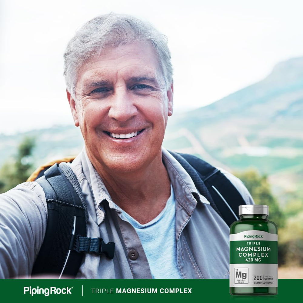 Piping Rock Triple Magnesium Complex bottle on shelf for daily supplement routine.