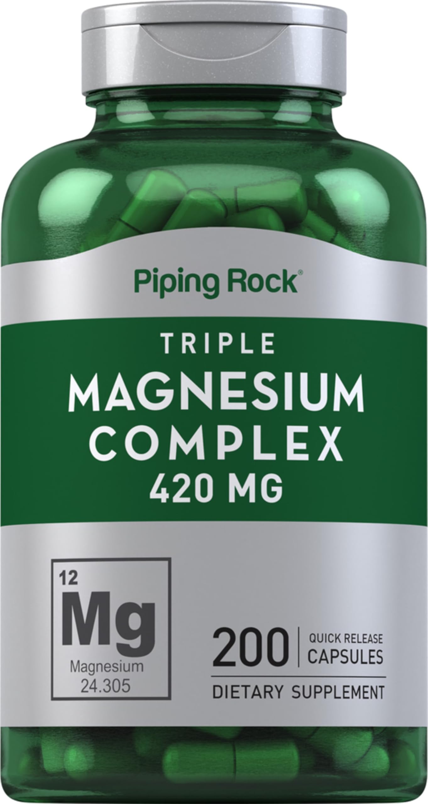 Piping Rock Triple Magnesium Complex bottle with capsules for daily wellness.