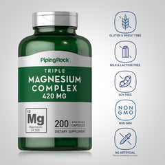 Piping Rock Triple Magnesium Complex label shows non-GMO and gluten-free attributes.