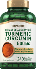 The Piping Rock Turmeric Curcumin bottle front highlights daily wellness with a 500 mg dose.