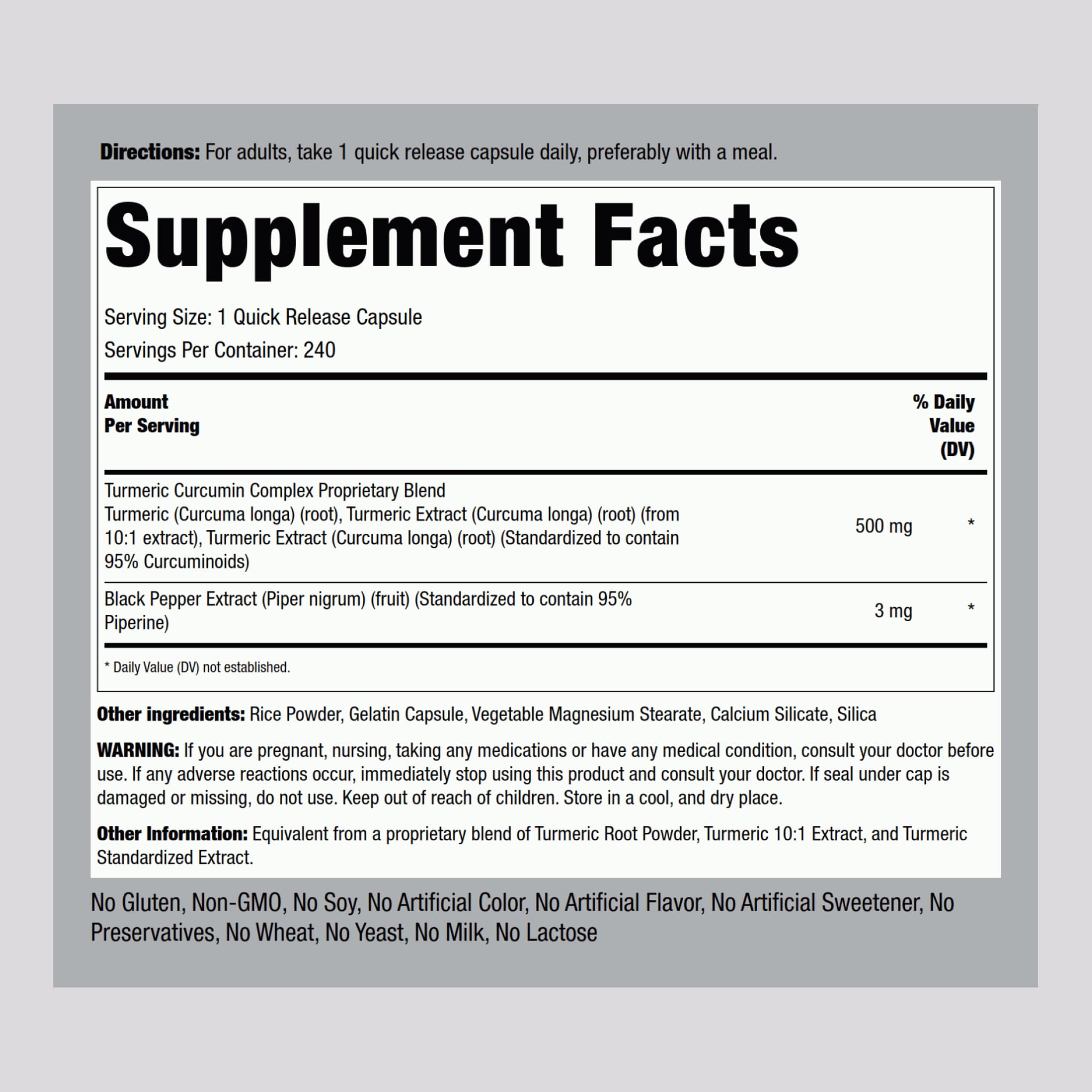 The Piping Rock Turmeric Curcumin bottle side emphasizes non-GMO and gluten-free formula.