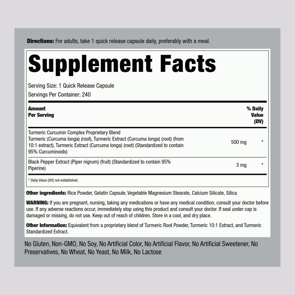 The Piping Rock Turmeric Curcumin bottle side emphasizes non-GMO and gluten-free formula.