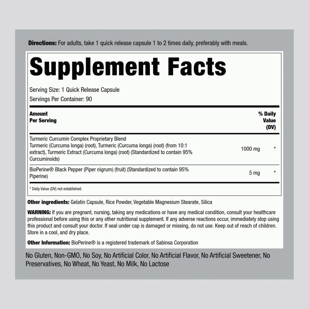 Piping Rock turmeric curcumin capsules closeup highlights capsule texture and dosing.