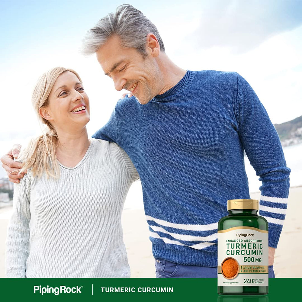 Piping Rock Turmeric Curcumin ingredients panel shows turmeric root powder and extracts.