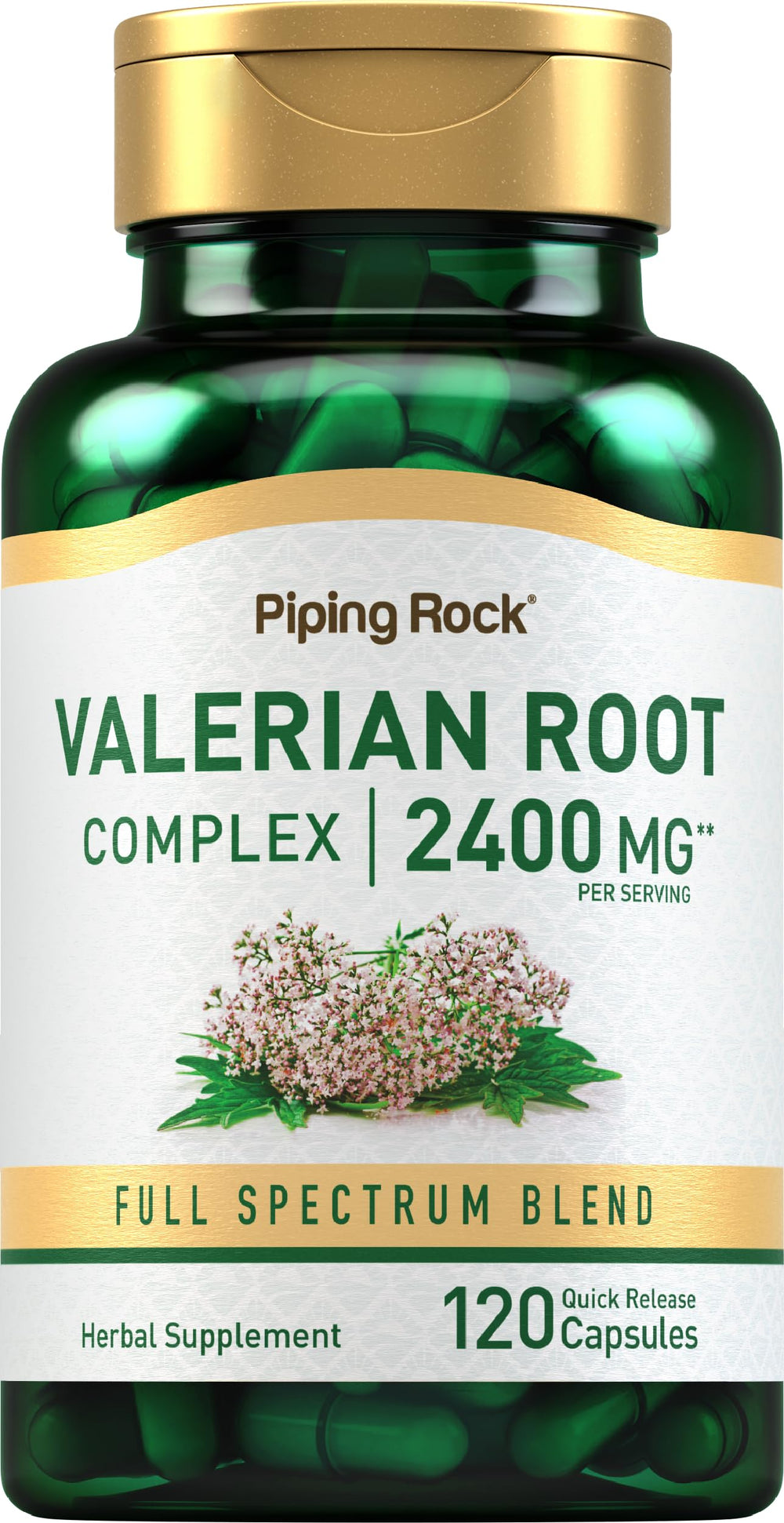 Piping Rock Valerian Root Capsules bottle front, convenient 2400 mg herbal blend.