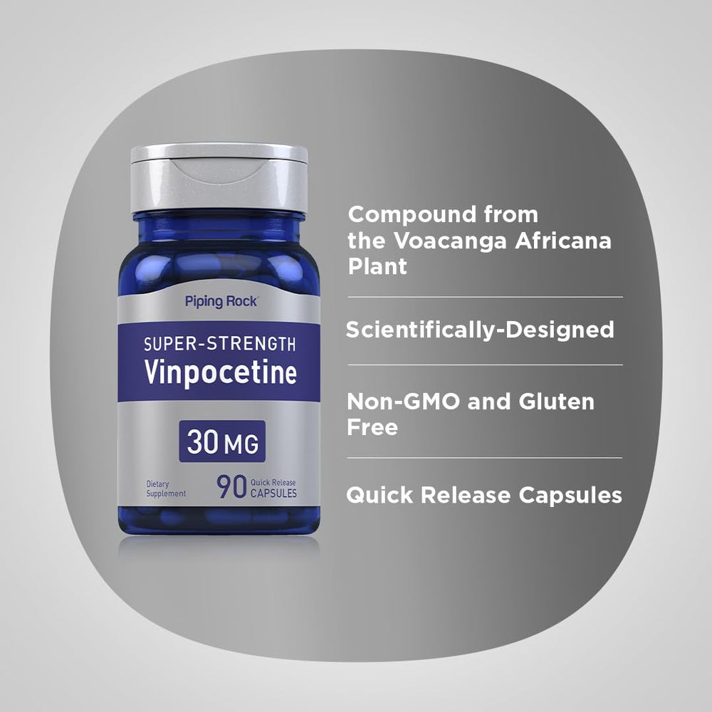 Piping Rock Vinpocetine non-GMO and gluten-free—diet-friendly formulation.