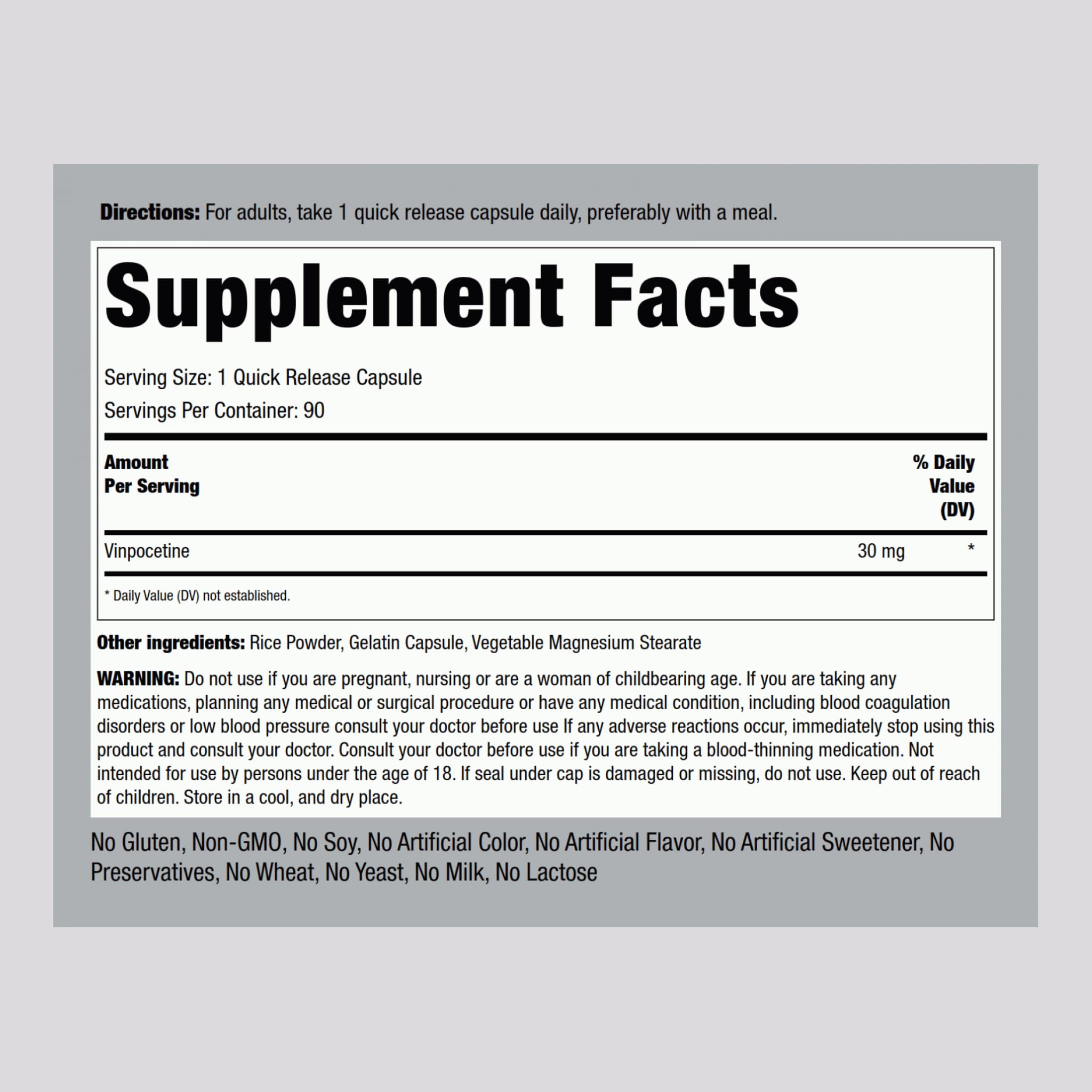 Piping Rock Vinpocetine quick-release capsules—rapid intake for busy days.