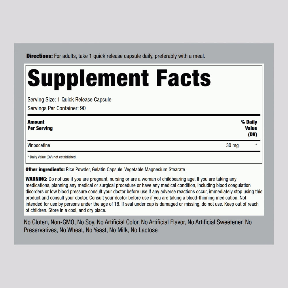Piping Rock Vinpocetine quick-release capsules—rapid intake for busy days.
