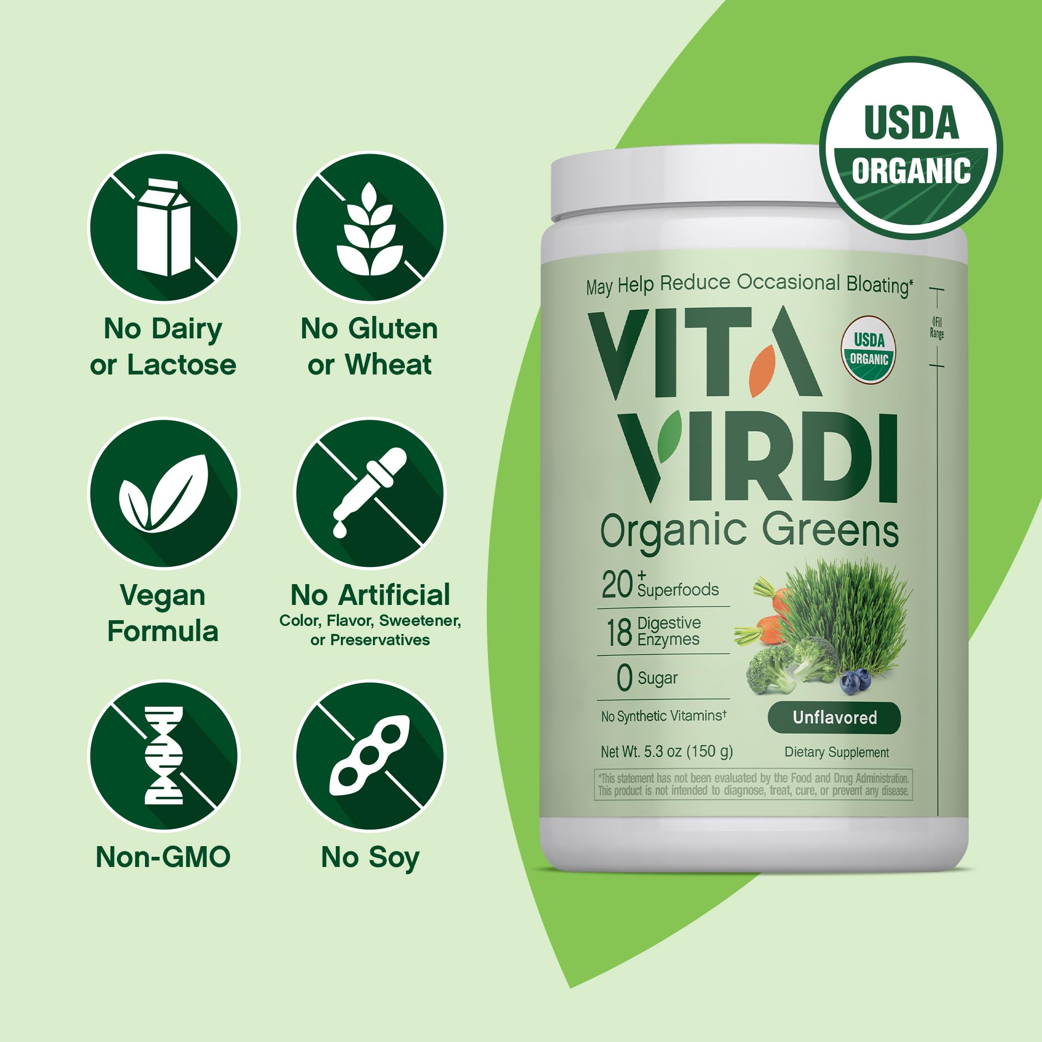 Unflavored Vita Virdi green powder dissolves easily in water or smoothies.
