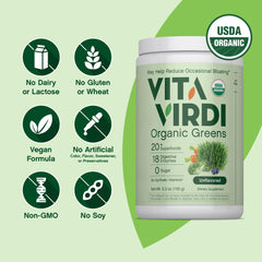 Unflavored Vita Virdi green powder dissolves easily in water or smoothies.