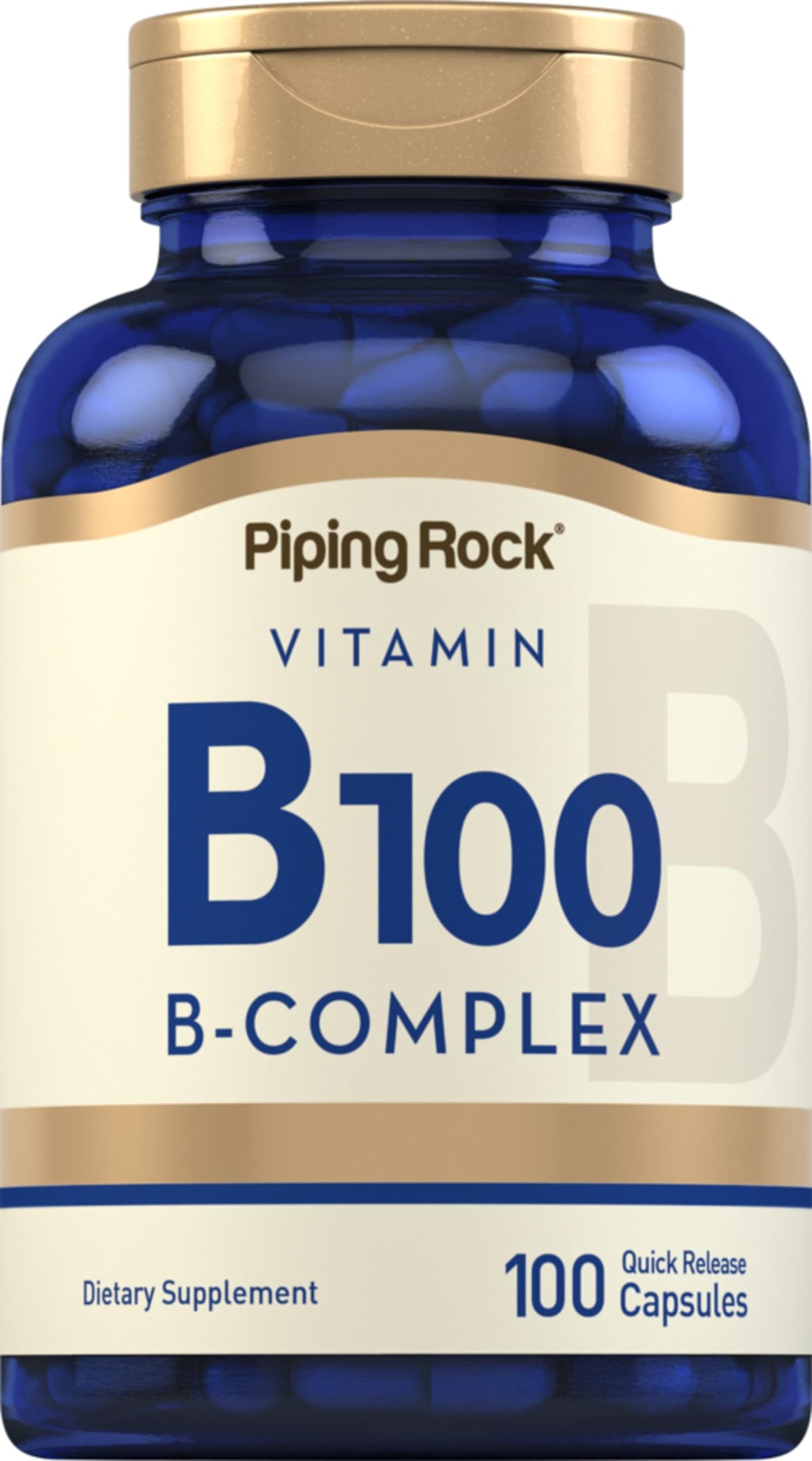 Piping Rock Vitamin B-100 Complex bottle front showing essential B vitamins for daily support.