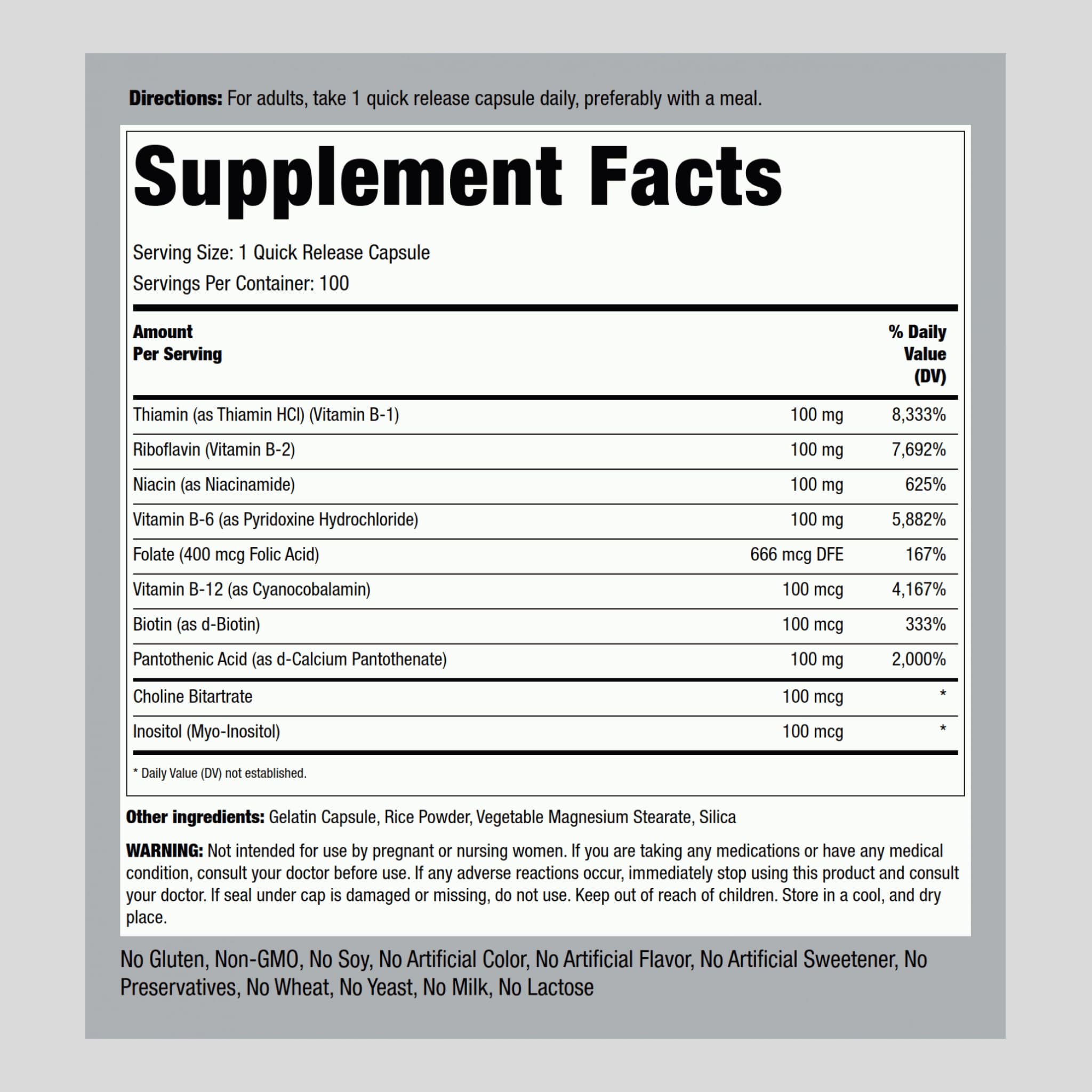 Piping Rock Vitamin B-100 Complex capsule closeup highlighting quick-release capsules for easy dosing.