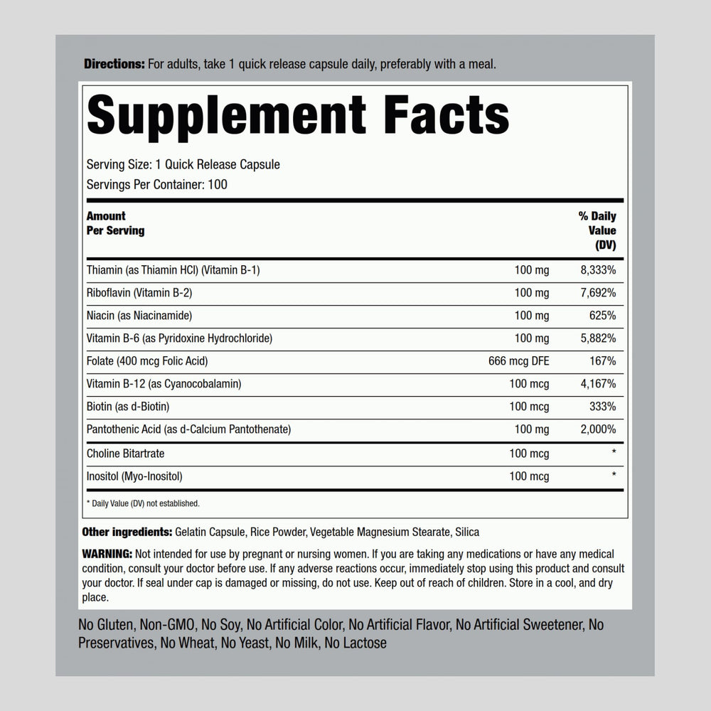 Piping Rock Vitamin B-100 Complex capsule closeup highlighting quick-release capsules for easy dosing.
