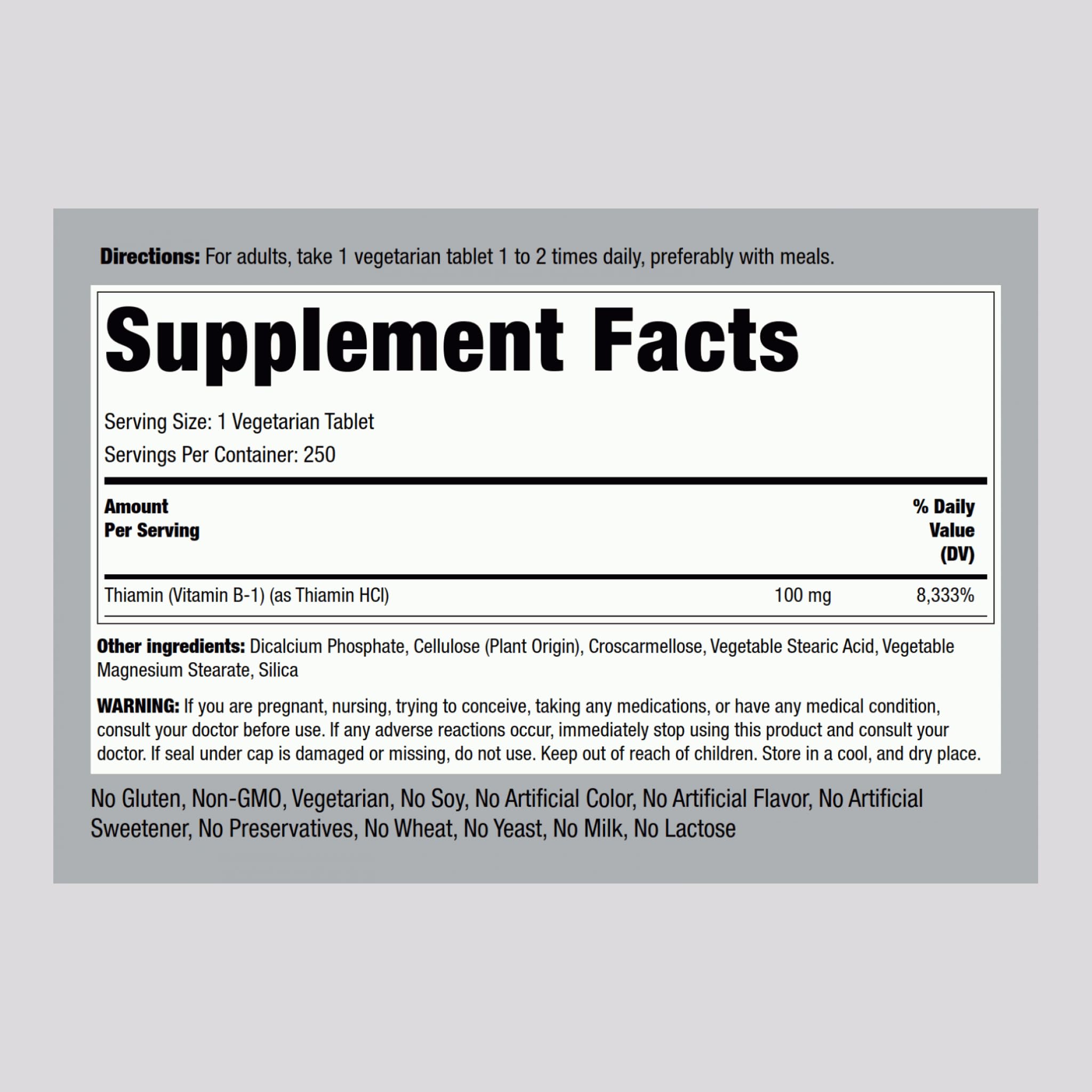 Piping Rock Vitamin B1 100mg label close-up showcasing high-potency thiamine