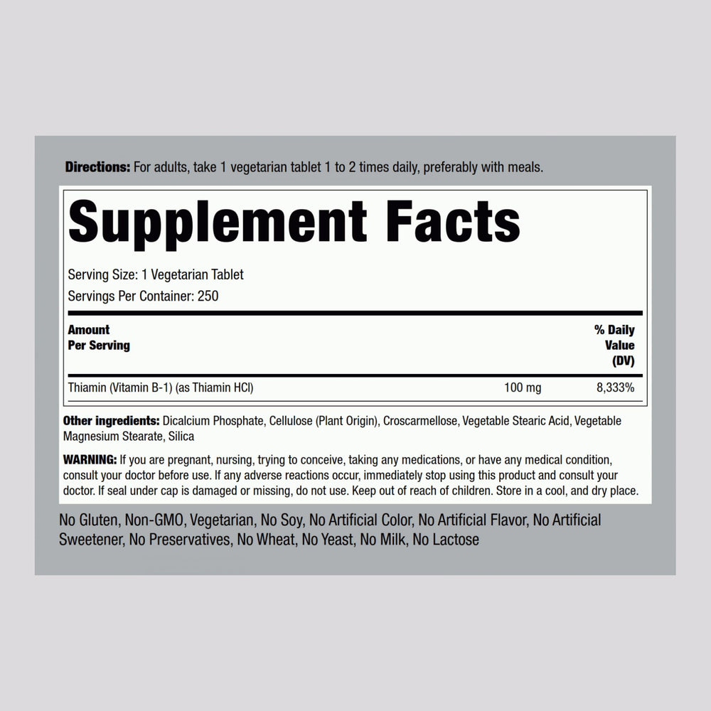Piping Rock Vitamin B1 100mg label close-up showcasing high-potency thiamine