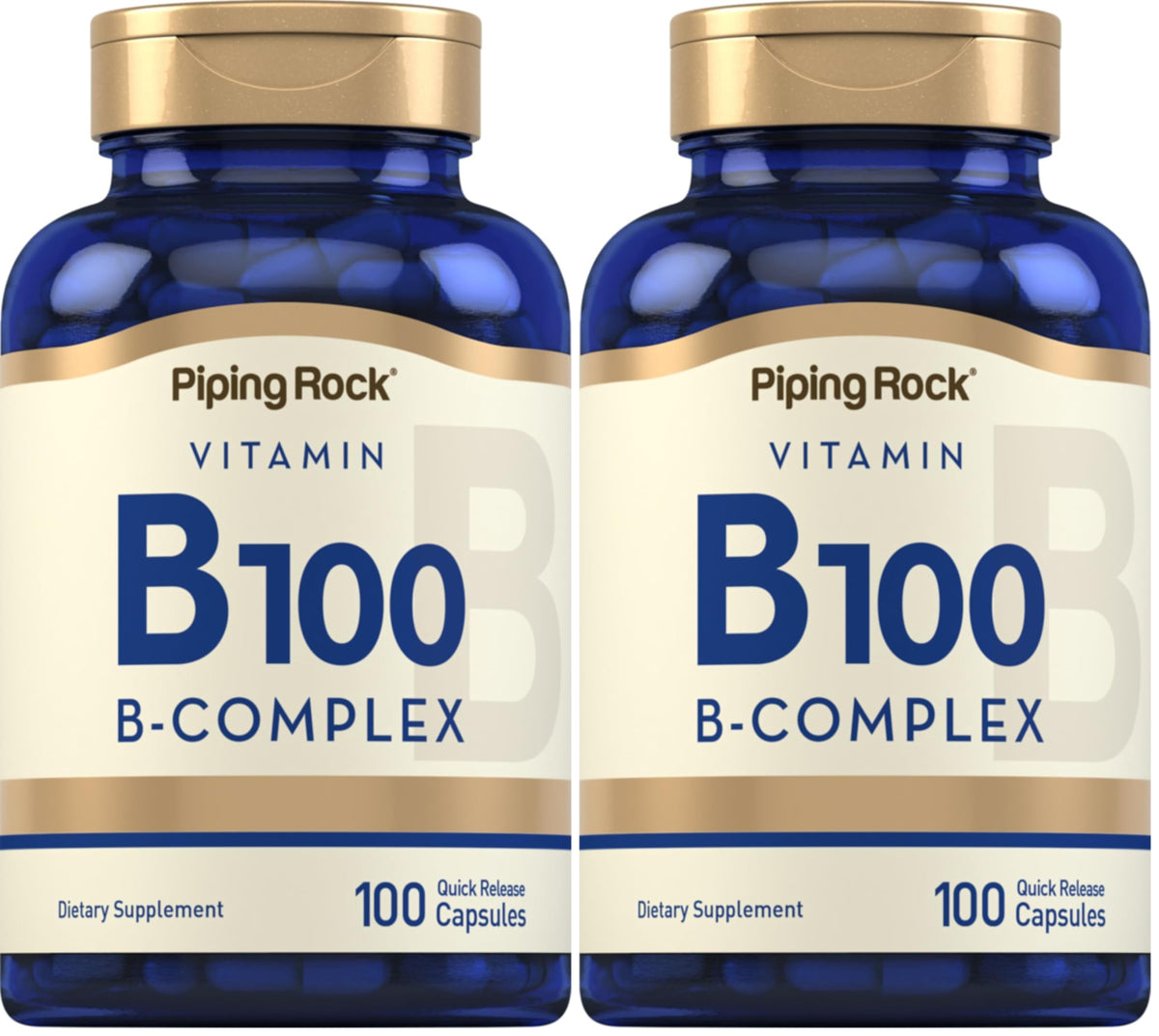 Piping Rock Vitamin B100 Complex bottle and capsules for daily wellness.